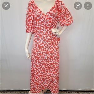 Leith Floral High Red Poppy Valencia Wrap Dress XXS